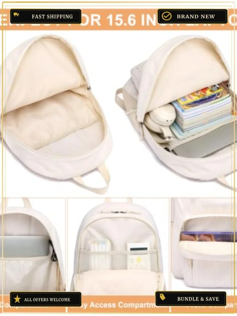 Corduroy School Backpack for Girls Boys, Cute Student Bookbag with Pockets